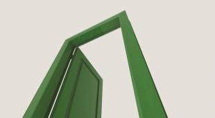 A green door opening over white space