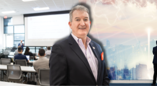 Photo of Steve Rich over the background of a classroom and a futuristic landscape