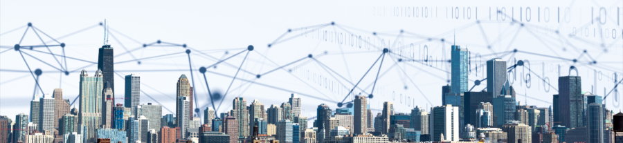 The Chicago skyline with data points overlayed to give a futuristic feel.