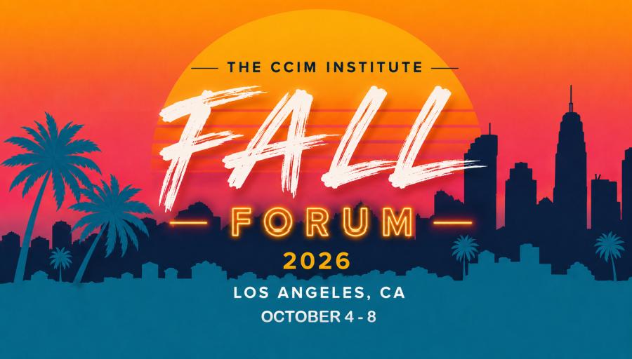 Poster for The CCIM Institute Fall Forum 2026 in Los Angeles with palm trees at sunset.