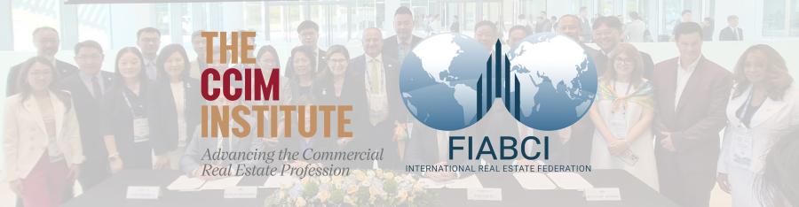 Logos for The CCIM Institute and FIABCI with a blurred crowd in the background.