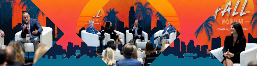 Collage banner with city skyline silhouettes, and key leaders featured in panel having a meaningful conversation..