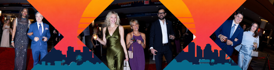 Collage of people in evening wear posing on a colorful stage with geometric shapes.