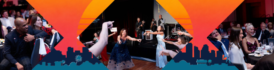 Collage of crowd photos at an event with orange arches and a blue backdrop.