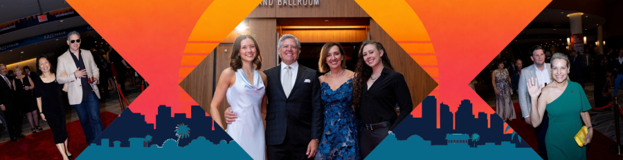 Collage of diverse people posing, framed by orange geometric shapes over a blue world-map backdrop.