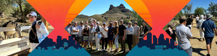 Collage banner of people outdoors with mountains in the background and orange decorative shapes.