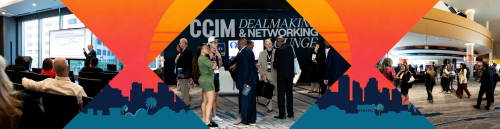 Fall Forum conference CCIM attendees, collage of attendees mingling, walking halls, and booths.