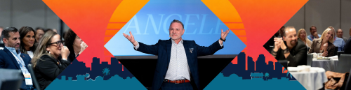 Keynote speaker center image raised on stage, colorful abstract backdrop and cheering crowd.