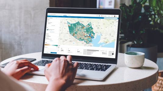 Woman working at a laptop using Esri's mapping tool.