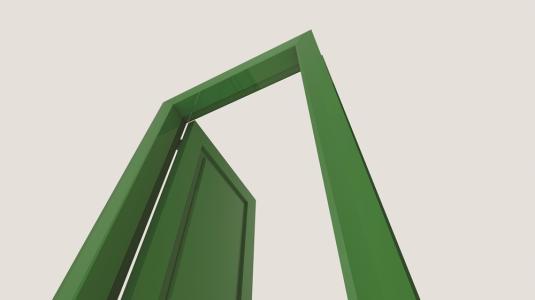 A green door opening over white space