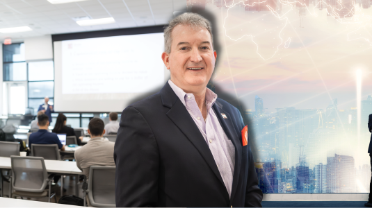 Photo of Steve Rich over the background of a classroom and a futuristic landscape