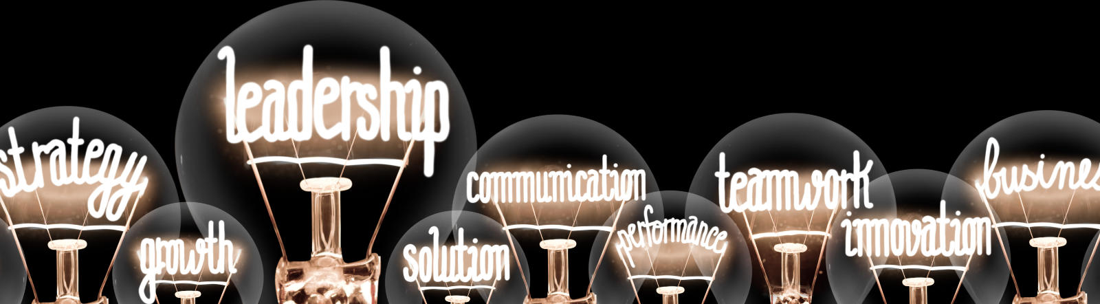 Lightbulbs on black background with leadership keywords as the lit filament.