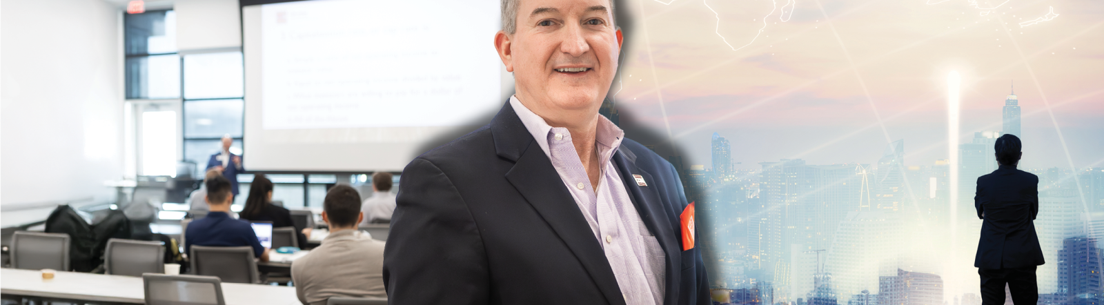 Photo of Steve Rich over the background of a classroom and a futuristic landscape