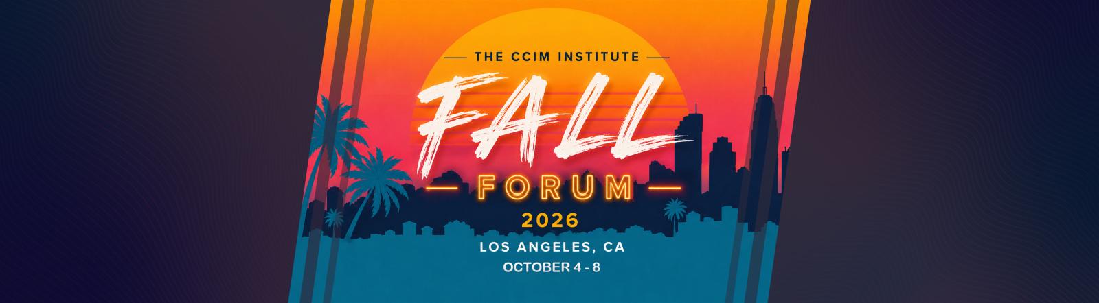 Graphic poster for Fall Forum featuring palm trees and a sunset gradient.