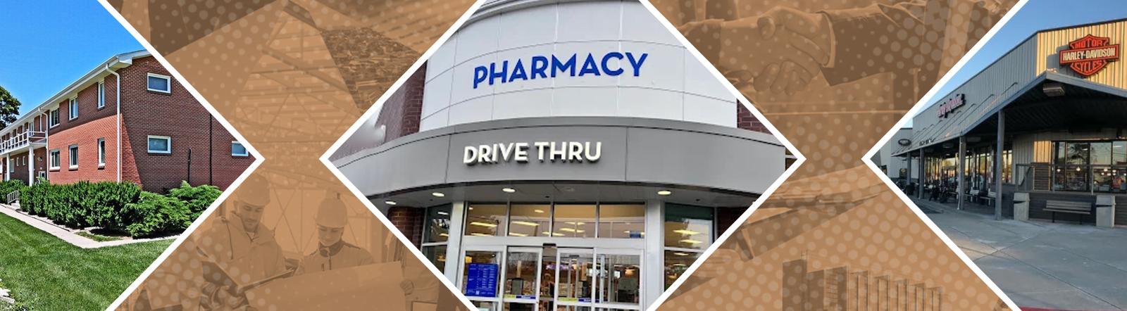 Four diamond photos: campus brick building, pharmacy storefront, white house, and storefront.