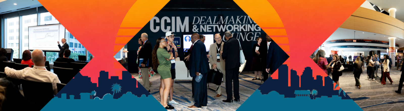 Fall Forum conference CCIM attendees, collage of attendees mingling, walking halls, and booths.