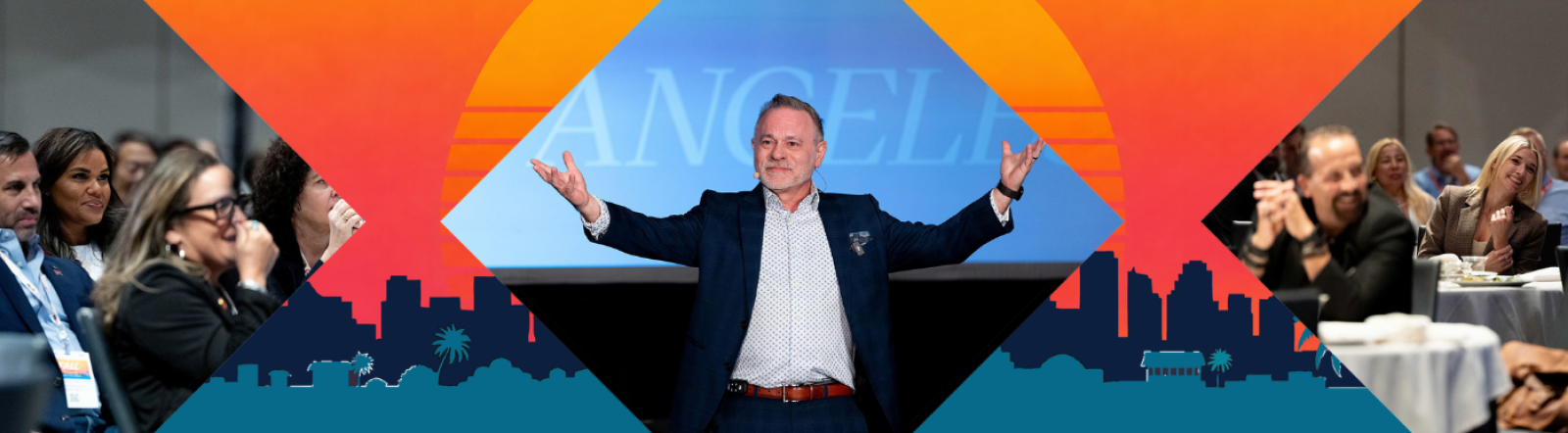 Keynote speaker center image raised on stage, colorful abstract backdrop and cheering crowd.