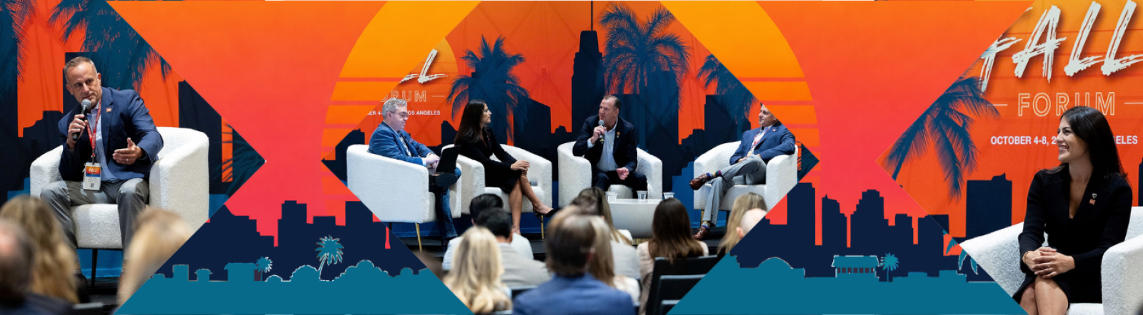 Collage banner with city skyline silhouettes, and key leaders featured in panel having a meaningful conversation..