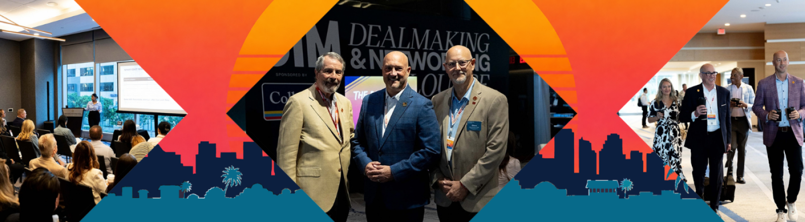 Banner with three photos of people at a conference, orange shapes, and a blue skyline.