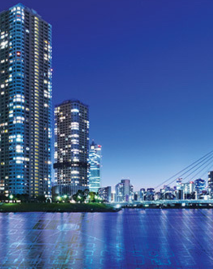 waterfront cityscape in dusk