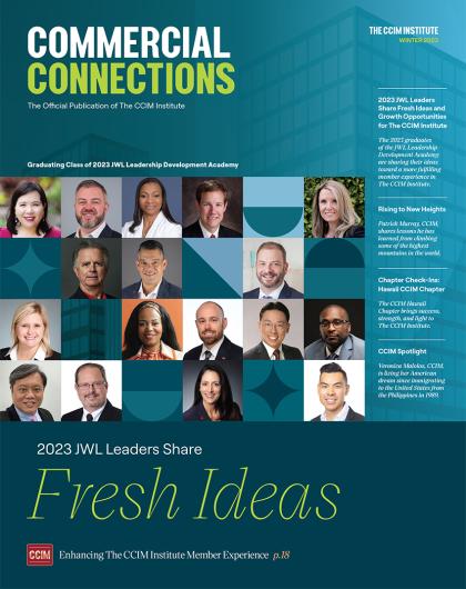 Cover of the Winter Edition of The CCIM Institute's Commercial Connections Magazine featuring JWL graduates from 2023