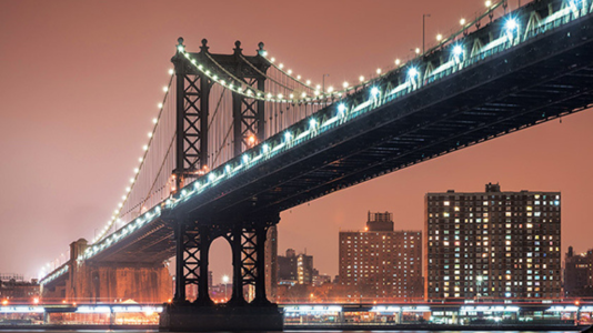 bridge at dusk with lights